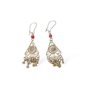 VINTAGE Silver Dangling Filigree Earrings Triangle Tree Red